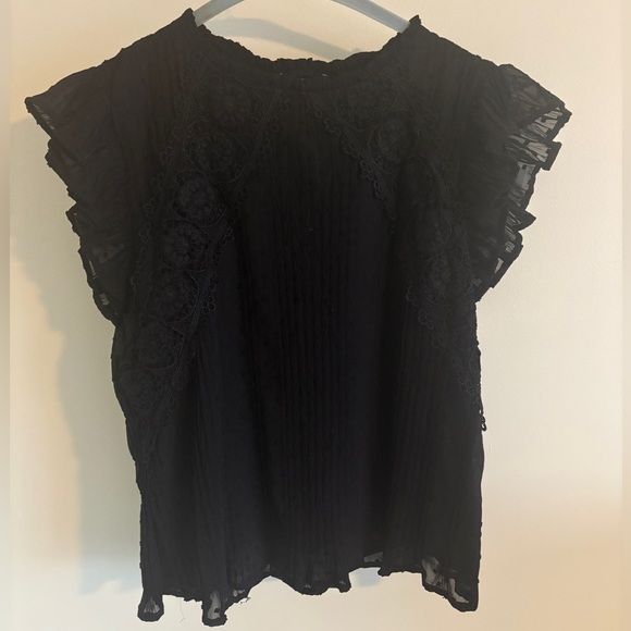 Strut and Bolt‎ Elegant Black Ruffle Sleeve Lace Swiss Dot Top Size Small - Picture 3 of 3